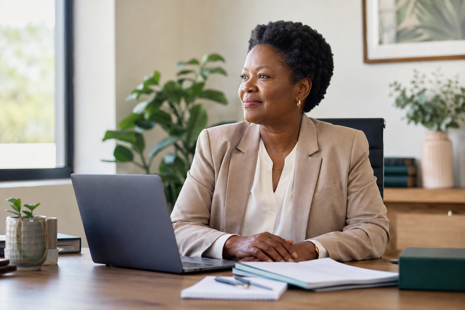 Illustrative office scene with a funeral business owner at her desk